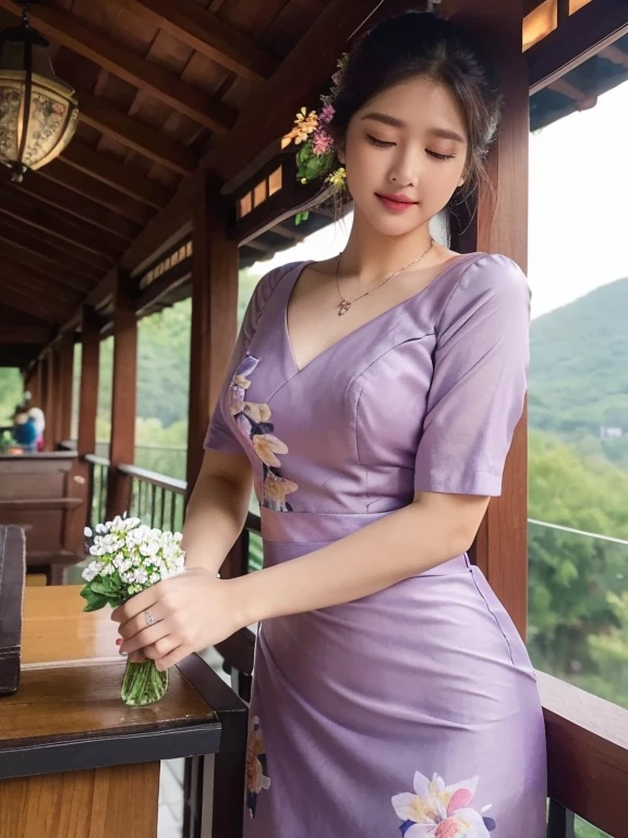 high-definition images, atmospheric perspective, 8k, super detail, accurate, best quality, angle from below, a woman, drooping eyes, sleepy face, blush,(floral purple dress),, necklace, standing portraits ,day scene, pagoda view, hair up, acmm's outfit, black acmm's top , black printed acmm's skirt,