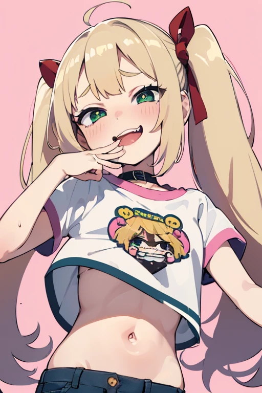 1 girl, heart-shaped pupils, (blond hair), (green eyes), (blush:1.1), Upper body, trembling, Sweat, Sweatdrop, heart, (speed line:1.1), ((Flat milk)), ((heavy breathing:1.3)), like, heart, bratty, mesugaki expresion, brat, lolita, Happy, smile,Yandere, long hair, (twintails), ((LOLI)), (red bows on hair), ((white crop top t-shirt)), (short denim shorts), denim shorts, simple pink background, smile, midriff, ((mesugake expression at lens)), ((white crop top t-shirt)), oversized t-shirt, (midriff), (heart design on shirt), ((pink background)), open mouth, ((seductive pose)), (one arm on hip), (((laughing))), (((young))), (((loli)))