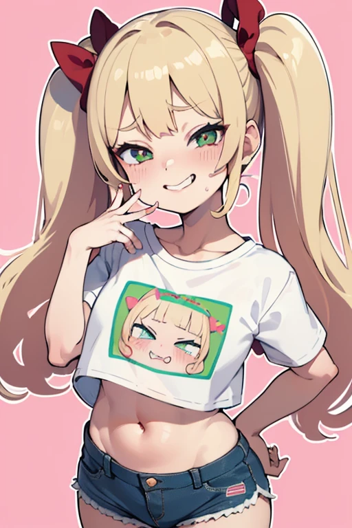 1 girl, heart-shaped pupils, (blond hair), (green eyes), (blush:1.1), Upper body, trembling, Sweat, Sweatdrop, heart, (speed line:1.1), ((Flat milk)), ((heavy breathing:1.3)), like, heart, bratty, mesugaki expresion, brat, lolita, Happy, smile,Yandere, long hair, (twintails), ((LOLI)), (red bows on hair), ((white crop top t-shirt)), (short denim shorts), denim shorts, simple pink background, smile, midriff, ((mesugake expression at lens)), ((white crop top t-shirt)), oversized t-shirt, (midriff), (heart design on shirt), ((pink background)), open mouth, ((seductive pose)), (one arm on hip), (((laughing))), (((young))), (((loli)))