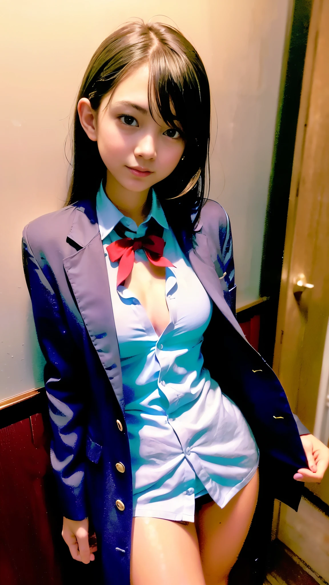 ((High school uniform)), (Open blazer), (full open shirt:1.5), (beautiful girl), ((whole body)), (Small and delicate), (A slim body trained through club activities), (Beautiful breasts), (Cleavage), (I can see your beautiful thighs), (Detailed hand:1.2), (Girl's small hand:1.3), (Eyes that fascinate:1.3), (Beautiful nostalgia:1.3), (Lip gloss on lips:1.3), (Detailed eyes and face:1.2), (Long, well-groomed eyelashes:1.2), (Cheeks:1.3), (A clear eyeliner:1.2), (Clear white skin), (Detailed skin texture), (Professional Lighting), (Professional photographer photography:1.3), (Photorealistic:1.4), (((masterpiece))), (((highest quality))), (((Ultra high definition))), (looking at the camera:1.2), (Captivating look:1.2), (Black underwear is visible:1.3)