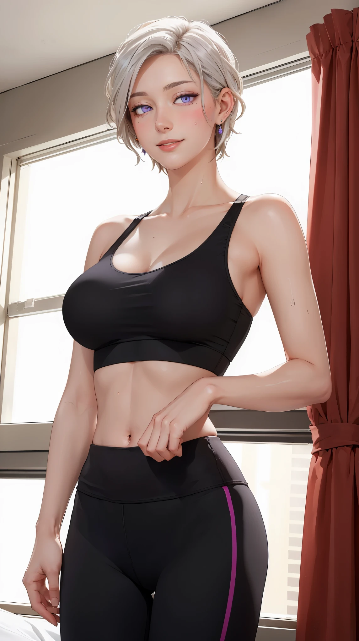 ((((masterpiece, best quality, high resolution)))), Extremely detailed 8K, Beautiful girl with voluptuous body, (Ultra HD, Ultra-detailed, Highly detailed, Highly realistic, Ultra-realistic, photograph realistic), (1girl:1.5), (Realistic white hair), (short wavy hair, hair ornaments, earrings), (dynamic poses), facing at camera, looking at viewer, (blushing red, embarrassed, smile), (purple eyes, sharp eyes), (perky breasts:1.2), (beautiful detailed face, beautiful detailed eyes), ((black sports bra, black yoga pants)), (standing up), sweat, glow, (sunbeam, sunlight), ((cowboy shot)), bedroom, seductive
