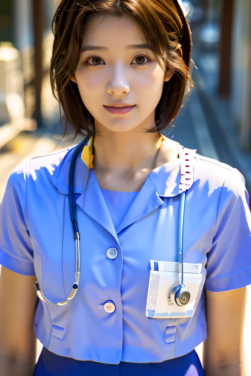 highest quality, Photorealistic, Very detailed, finely, High resolution, 8K Wallpaper, Professional, High level of detail, ((One 18 year old girl:1.2)), Slender Japanese women,Pretty lips, (Long eyelashes:1.2)、Detailed clavicle, Perfect Face, (Cute short bob hair:1.5),Top Quality,Ultra-clear resolution,Clear Eyes,Sunburned skin,Perfect breasts,have perfect legs,Focus on the legini skirt、(Nurse uniform:1.5)、Sexy pose in hospital room、