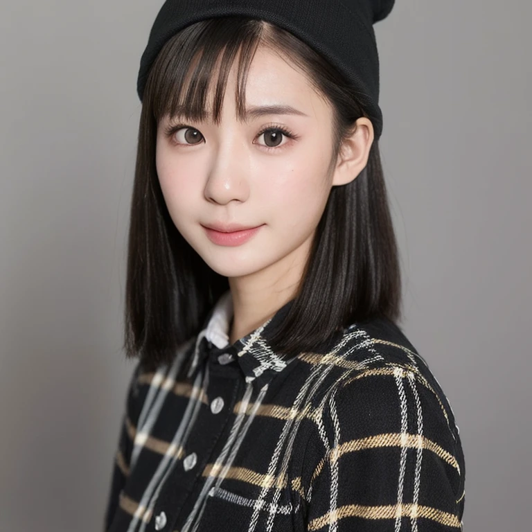 (kawaii 24 year-old Japanese girl, Nogizaka idol, Korean idol), (glossy black hair, short bob, even and symmetric hair design:1.3), (deep black eyes, rounded face, single eyelid, no makeup, soft smiling:1.2), (wearing check patterned longsleeved flannel shirt, knitted beanie:1.3), (extra small breasts:0.9), (facing straight at camera:1.2), BREAK, (simple grey background, yearbook background:1.3), (portrait, id photo, bust shot, view from straight forward:1.3), (keep enough top margin to avoid the head cropped:1.3), BREAK, (masterpiece, best quality, photo realistic, official art:1.4), (UHD, 8K quality wallpaper, high resolution, raw photo, golden ratio:1.3), (shiny skin), professional lighting, physically based rendering, award winning, (highly detailed skin, extremely detailed face and eyes), Carl Zeiss 85 mm F/1.4, depth of field, 1girl, solo,