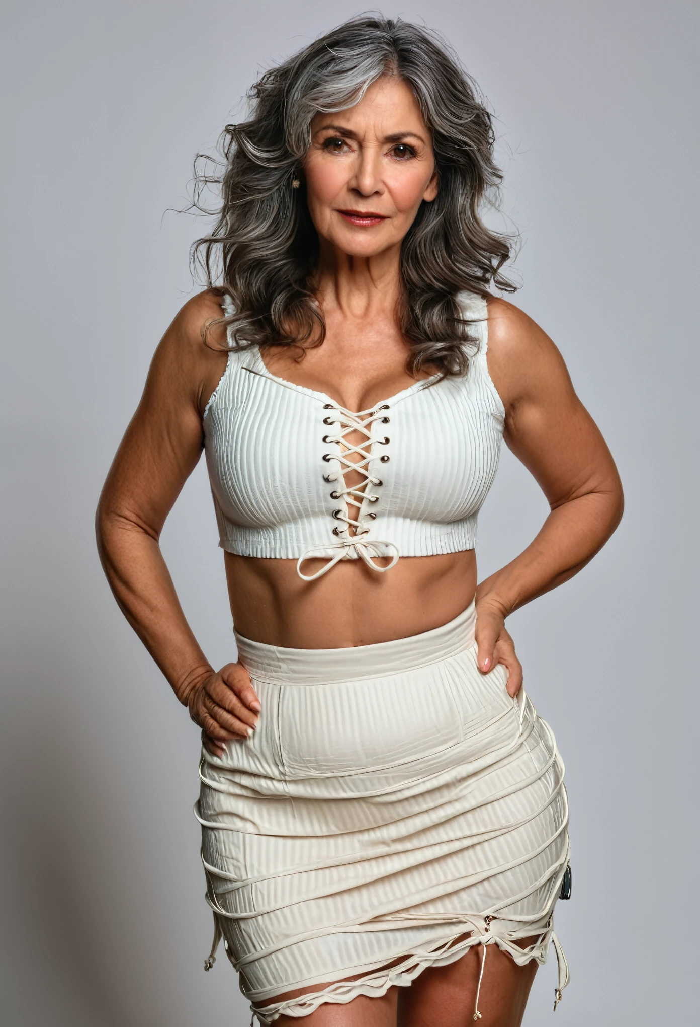 (50 year old Spanish woman, wrinkles, grey hair, curvy, big breast, slim, long wavy hair, big brown eyes, thick lips) white crop top, lace-up detail, textured skirt, cream color, sleeveless, midriff-baring, soft lighting, eye-level shot, center-framed, standing upright, hand in hair, facing camera, sandy beach, sunset lighting, coastal vegetation, wooden post