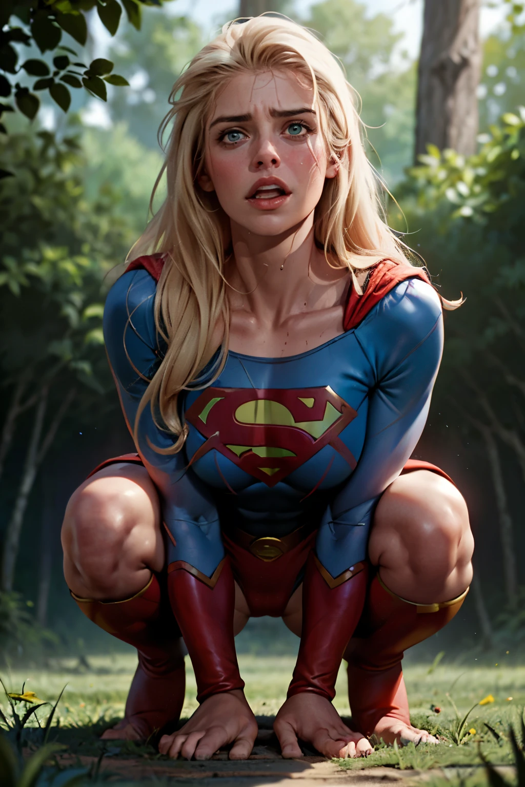 ((highest quality)), ((masterpiece)), (be familiar with), (High definition), (Realistic), (Realistic), (Best Shadow), Low contrast, (Complex:1.4), Side lighting, 8K, ((Helen Slator)), ((SUPER GIRL)), Perfect Face、Detailed、(Accurate hand and finger depiction)、Supergirl Women、Blonde、Voluptuous body、(Large Breasts:1.1)、Narrow waist、Big Ass、Alluring、glamorous, ((Crouching)), (woman on top), ((Holding his crotch with his hands)), (pissing:1.5), Mouth open、(Hollow Eyes)、Anguished expression、(orgasm:1.0)、Flushing、(sweating)、On the grass、in the deep forest、wood々Surrounded by、blue sky、Side view