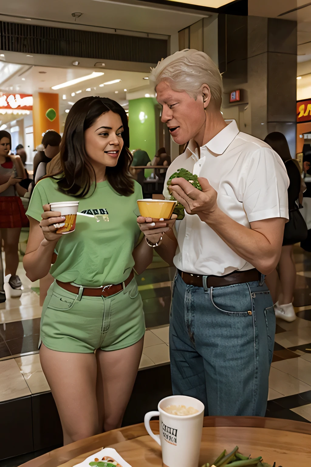 Bill Clinton and Ronald McDonald eating green beans at the mall