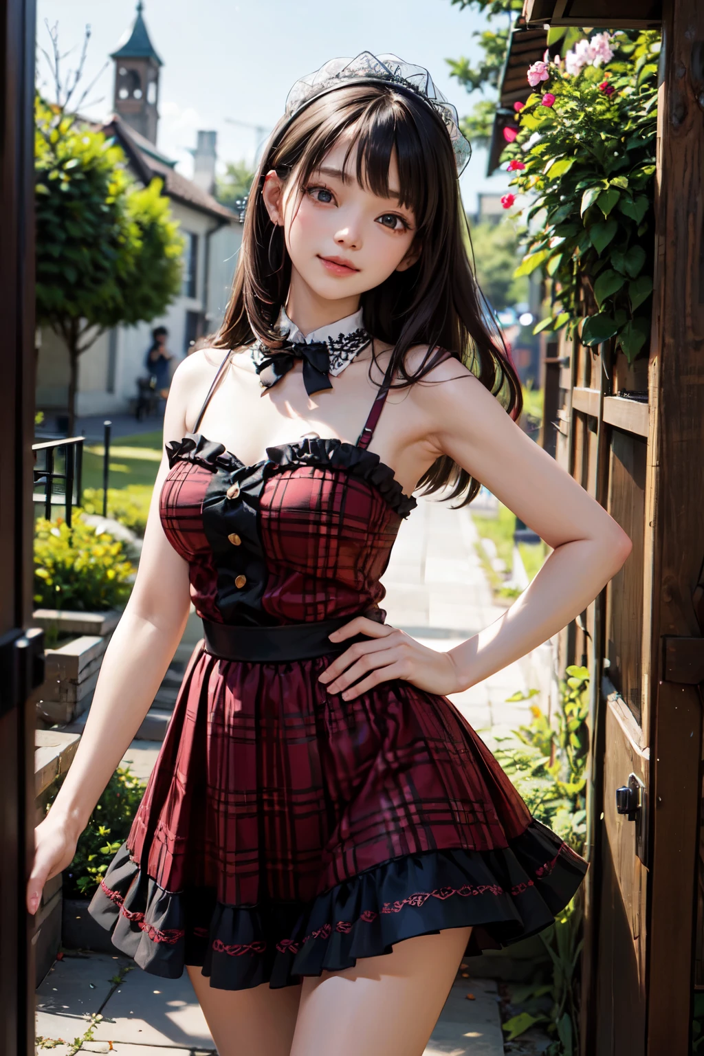 very cute and beautiful girl,(highly detailed beautiful face),(smile:1.2),black hair,looking at viewer,stylish pose,beautiful legs,cowboy shot, elegant brown plaid lolita dress with detailed frills, flower garden,elegant wooden arbor,shrubbery, (best quality,masterpiece:1.0),absurdres,highres,ultra-detailed,extremely detailed,32k,8k resolution, intricate details,cinematic scene,detailed background,solo,dynamic angle,