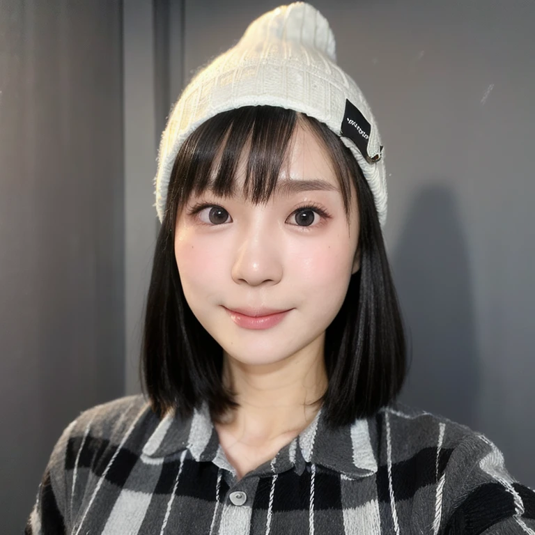 (kawaii 24 year-old Japanese girl, Nogizaka idol, Korean idol), (glossy black hair, short bob, even and symmetric hair design:1.3), (deep black eyes, rounded face, single eyelid, no makeup, soft smiling:1.2), (wearing check patterned longsleeved flannel shirt, knitted beanie:1.3), (extra small breasts:0.9), (facing straight at camera:1.2), BREAK, (simple grey background, yearbook background:1.3), (portrait, id photo, bust shot, view from straight forward:1.3), (keep enough top margin to avoid the head cropped:1.3), BREAK, (masterpiece, best quality, photo realistic, official art:1.4), (UHD, 8K quality wallpaper, high resolution, raw photo, golden ratio:1.3), (shiny skin), professional lighting, physically based rendering, award winning, (highly detailed skin, extremely detailed face and eyes), Carl Zeiss 85 mm F/1.4, depth of field, 1girl, solo,