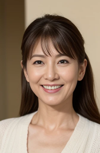 Masseter Film, highest quality, masterpiece, High resolution, realism, Original photo, 8k wallpaper, perfection, Professional Lighting, Very detailed, Written boundary depth, ((Beautiful woman)), ((sexy 45 year old woman)),, ((A kind smile)), Detailed face, Beautiful Eyes,, bangs, A photo of your face, (sexy look), Brown Hair, (Thick lips), Looking down at the viewer,Long Hair,ponytail