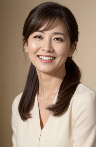 Masseter Film, highest quality, masterpiece, High resolution, realism, Original photo, 8k wallpaper, perfection, Professional Lighting, Very detailed, Written boundary depth, ((Beautiful woman)), ((sexy 45 year old woman)),, ((A kind smile)), Detailed face, Beautiful Eyes,, bangs, A photo of your face, (sexy look), Brown Hair, (Thick lips), Looking down at the viewer,Long Hair,ponytail