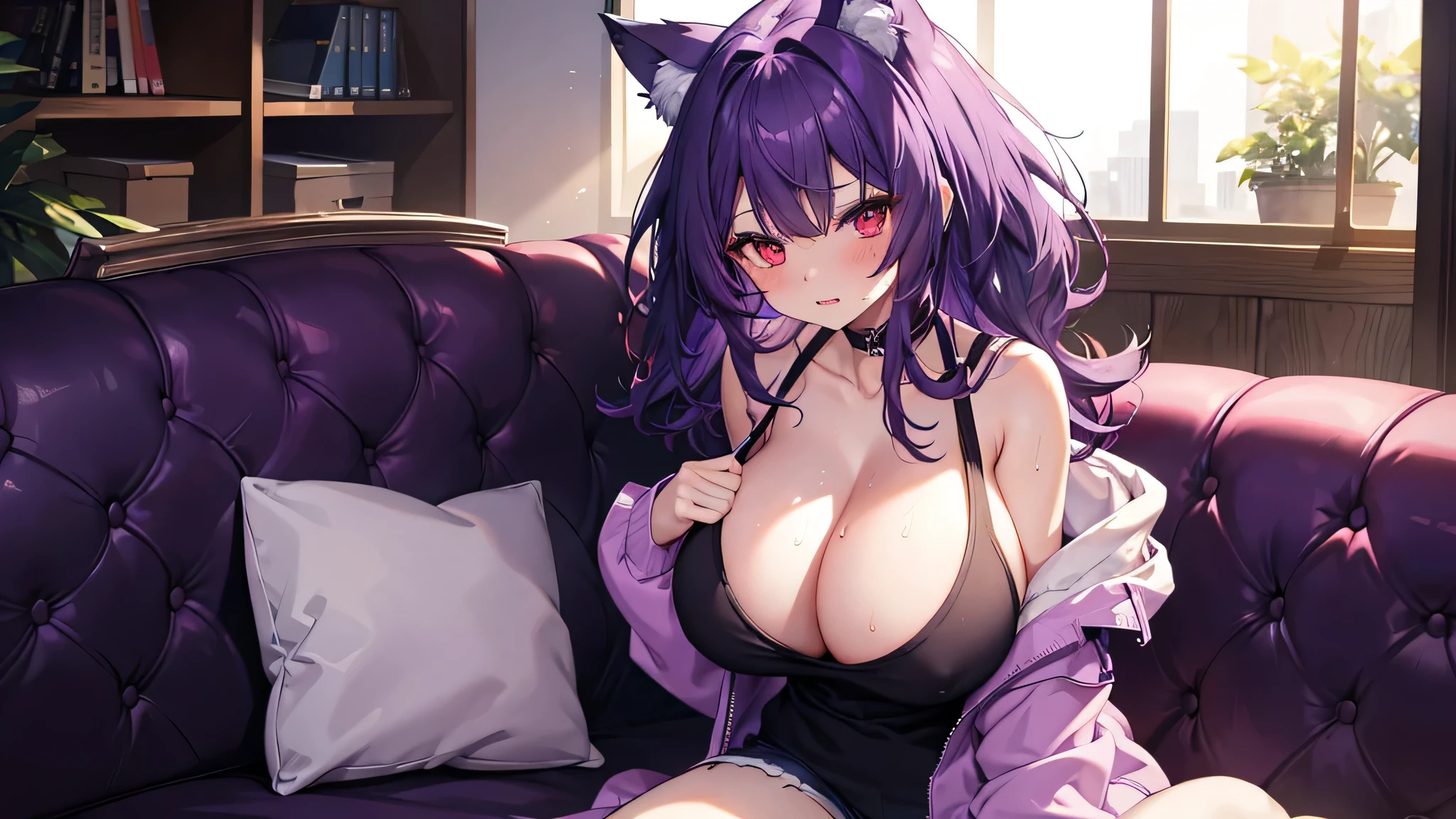 Wolf Woman, Big Breasts, Voluminous purple hair, One girl, masterpiece , Red eyes、Double teeth、tooth、Blushed cheeks、 hd, Head to Chest, buried in my chest、Underbust、Cleavage、hoodie、Shorts、Sweat in the valley、Tank top、On the sofa