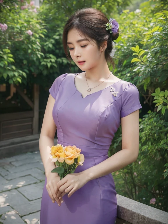 high-definition images, atmospheric perspective, 8k, super detail, accurate, best quality, angle from below, a woman, drooping eyes, sleepy face, blush,(floral purple dress),, necklace, standing portraits ,day scene, pagoda view, hair up, acmm's outfit, black acmm's top , black printed acmm's skirt,