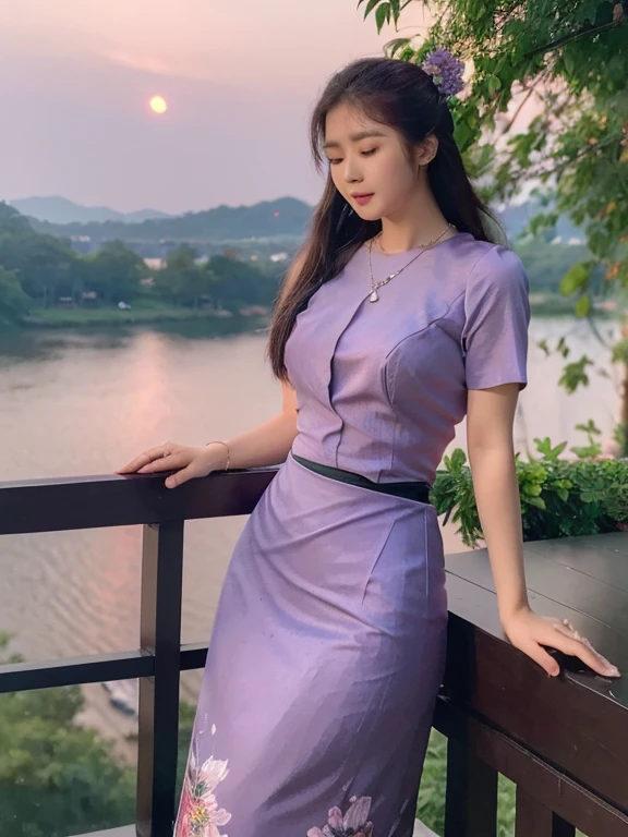 high-definition images, atmospheric perspective, 8k, super detail, accurate, best quality, angle from below, a woman, drooping eyes, sleepy face, blush,(floral purple dress),, necklace, standing portraits ,day scene, pagoda view, hair up, acmm's outfit, black acmm's top , black printed acmm's skirt,