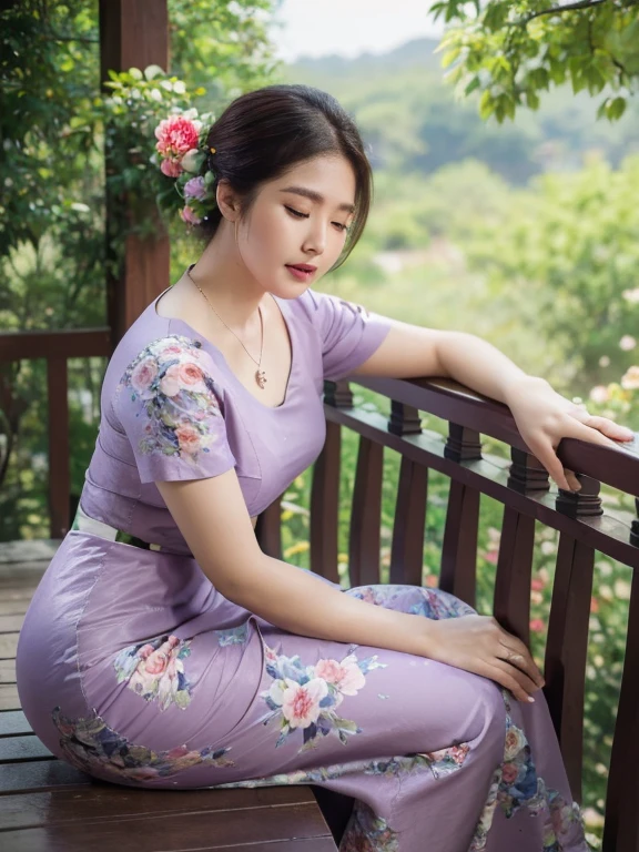 high-definition images, atmospheric perspective, 8k, super detail, accurate, best quality, angle from below, a woman, drooping eyes, sleepy face, blush,(floral purple dress),, necklace, standing portraits ,day scene, pagoda view, hair up, acmm's outfit, black acmm's top , black printed acmm's skirt,