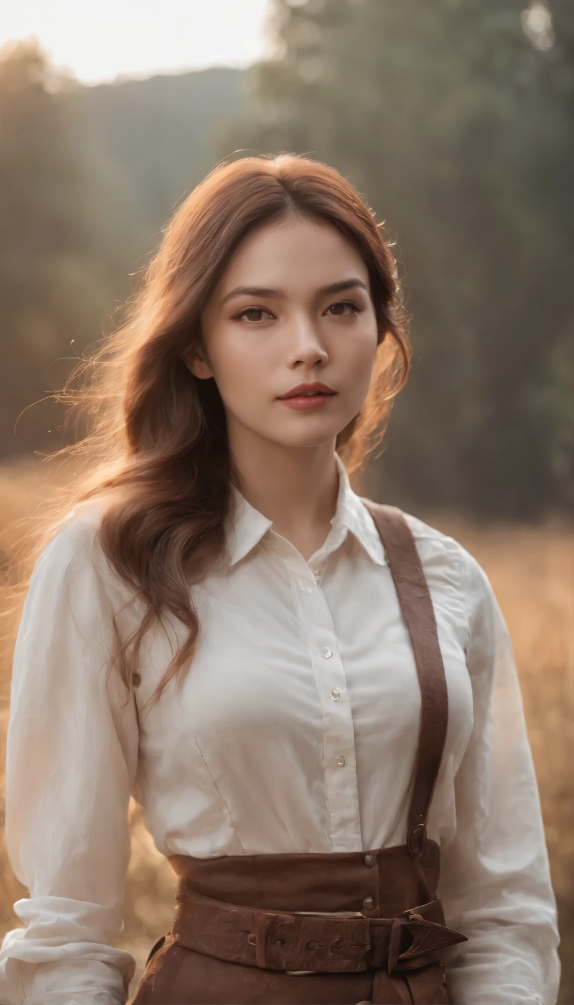 Holding a blank white banner in a rustic setting、A cowboy in an Amish-style shirt and oversized pants。Beautiful eyes framed by thick lashes、Reflecting the warmth of the sun。Her gorgeous creamy hair、Flows down in soft waves。The cowgirl outfit is made of beautifully detailed fabric、The stunning outfits and attractive colors add to the scene。Amazing neon lights illuminate the background、This casts an interesting contrast with the sun.。When my geek friend stands next to me、It reminds me of Ben Affleck in a cyberpunk setting.、Highly detailed and beautiful wallpapers are deployed。HD images coming