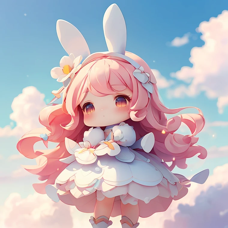 Bunny Morphing Girl, fluffy, soft ((highest quality)), ( Extremely detailed, Best details, Official Art, Beauty and aesthetics: 1.2), Depth of written border, composition, whole body, (a bit), (Beautiful and detailed: 1.3), (wonderful:1), Colorful clouds blurred background,1girl,