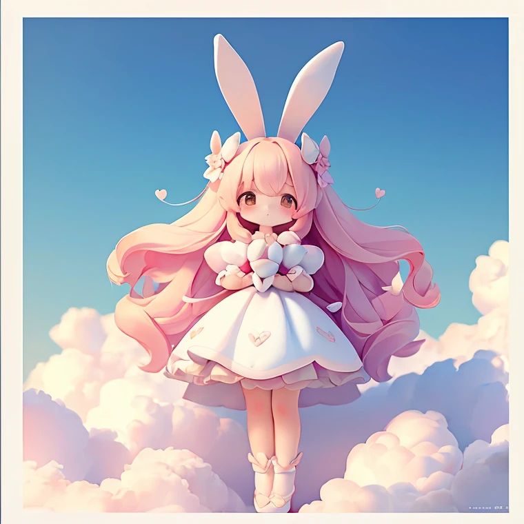 Bunny Morphing Girl, fluffy, soft ((highest quality)), ( Extremely detailed, Best details, Official Art, Beauty and aesthetics: 1.2), Depth of written border, composition, whole body, (a bit), (Beautiful and detailed: 1.3), (wonderful:1), Colorful clouds blurred background,1girl,