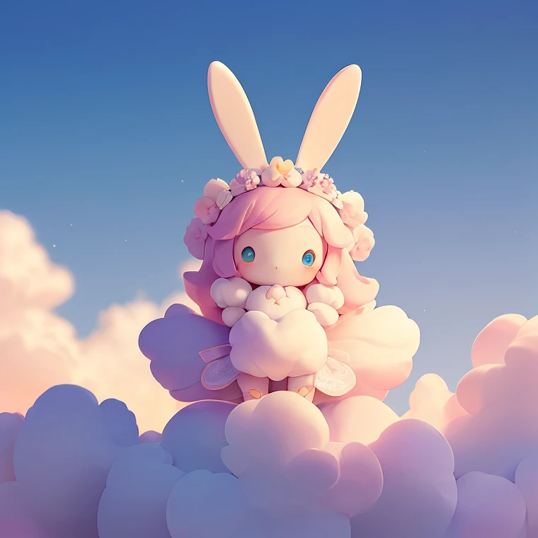 Bunny Morphing Girl, fluffy, soft ((highest quality)), ( Extremely detailed, Best details, Official Art, Beauty and aesthetics: 1.2), Depth of written border, composition, whole body, (a bit), (Beautiful and detailed: 1.3), (wonderful:1), Colorful clouds blurred background,1girl,