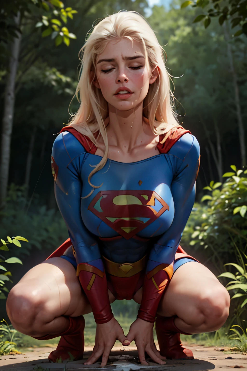 ((highest quality)), ((masterpiece)), (be familiar with), (High definition), (Realistic), (Realistic), (Best Shadow), Low contrast, (Complex:1.4), Side lighting, 8K, ((Helen Slator)), ((SUPER GIRL)), Perfect Face、Detailed、(Accurate hand and finger depiction)、Supergirl Women、Blonde、Voluptuous body、(Large Breasts:1.1)、Narrow waist、Big Ass、Alluring、glamorous, ((Crouching)), (woman on top), ((Holding his crotch with his hands)), ((pissing:1.4)), Mouth open、(Eyes closed)、Anguished expression、(orgasm:1.0)、Flushing、(sweating)、On the grass、in the deep forest、wood々Surrounded by、blue sky、Side view