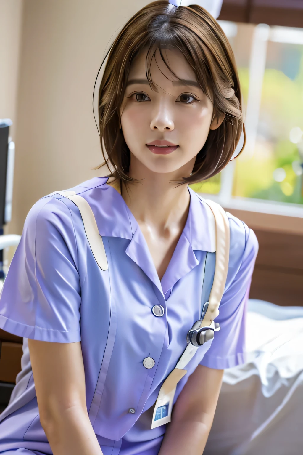 highest quality, Photorealistic, Very detailed, finely, High resolution, 8K Wallpaper, Professional, High level of detail, ((One 18 year old girl:1.2)), Slender Japanese women,Pretty lips, (Long eyelashes:1.2)、Detailed clavicle, Perfect Face, (Cute short bob hair:1.5),Top Quality,Ultra-clear resolution,Clear Eyes,Sunburned skin,Perfect breasts,have perfect legs,Focus on the legini skirt、(Nurse uniform:1.5)、Sexy pose in hospital room、