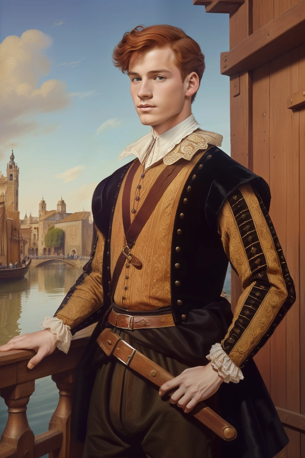 Seville, 1558. A young ((((20-year-old)) Barney Willard)), brave, handsome, stalwart, well-groomed, in a dock, ((((clothings from the 1550s)))), ((ginger hairstyle of the 1550s)), colorful, realistic