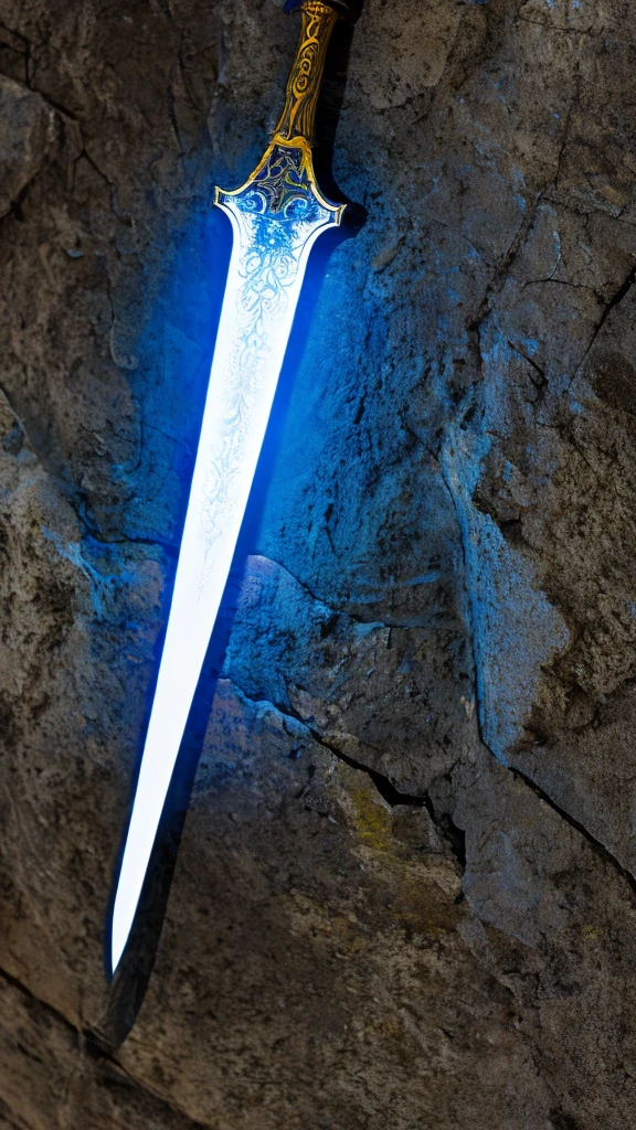 A sword with blazing fire in it, sword with detailed shape. Sword perfectly straight shape. Sword have blue electricity aura and magical vibe. In stone background. 