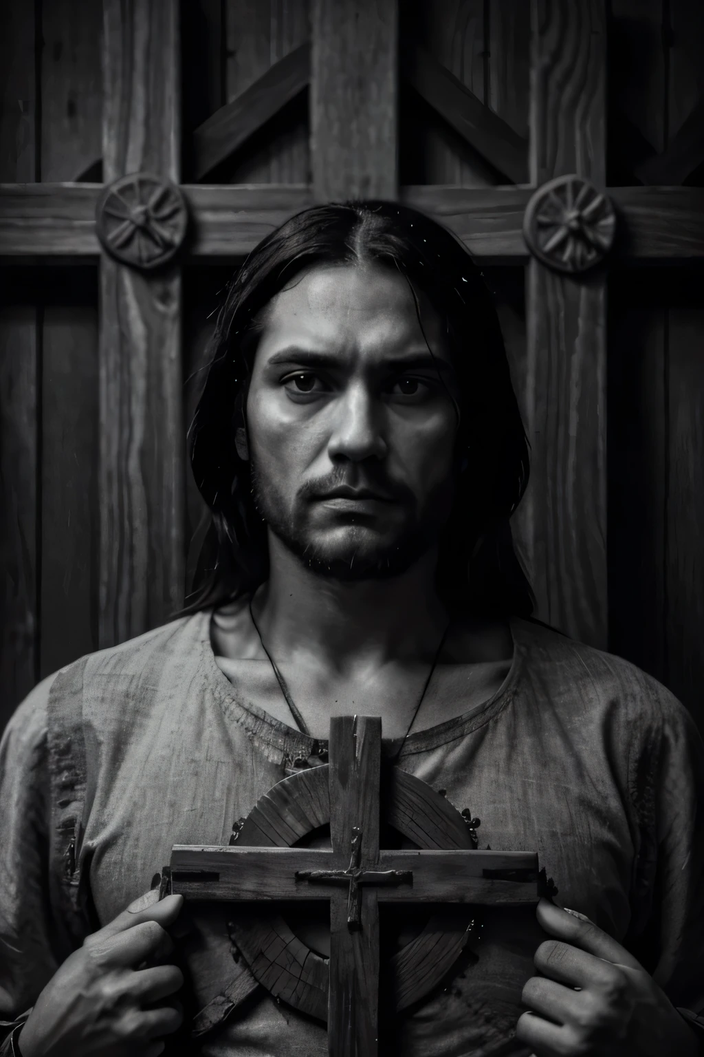 (melancholy),(black and white),(Renaissance painting),(sad man with wooden cross),(cross),(symmetry),(intense facial expression), Jesus
