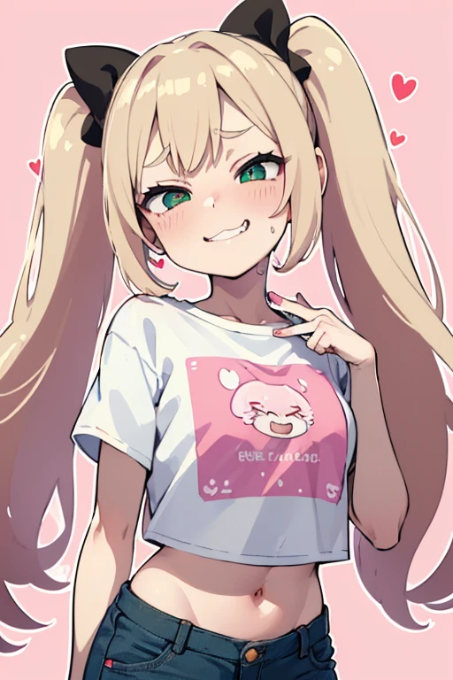1 girl, heart-shaped pupils, (blond hair), (green eyes), (blush:1.1), Upper body, trembling, Sweat, Sweatdrop, heart, (speed line:1.1), ((Flat milk)), ((heavy breathing:1.3)), like, heart, bratty, mesugaki expresion, brat, lolita, Happy, smile,Yandere, long hair, (pigtails), ((LOLI)), (red bows on hair), ((((white crop top t-shirt)))), (short denim shorts), denim shorts, simple pink background, smile, midriff, ((mesugake expression at lens)), ((white crop top t-shirt)), oversized t-shirt, (midriff), (heart design on shirt), ((pink background)), ((seductive pose)), (one arm on hip), (((laughing))), (((young))), (((loli)))