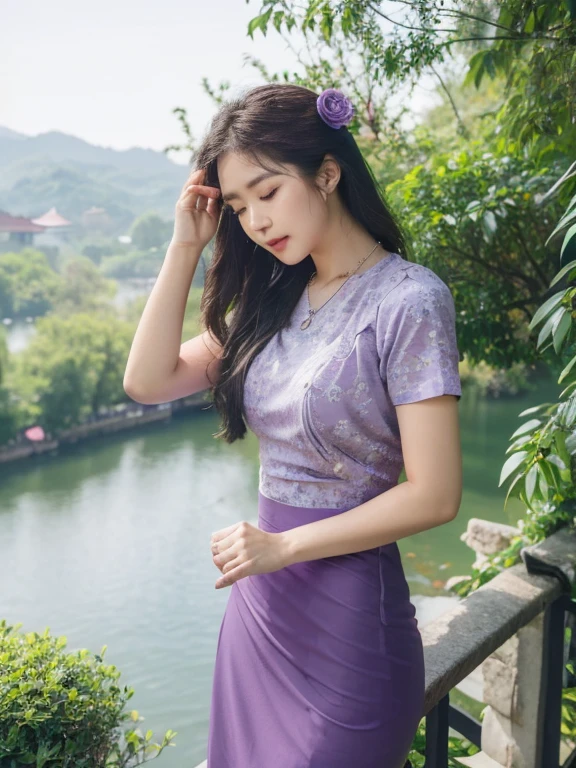 high-definition images, atmospheric perspective, 8k, super detail, accurate, best quality, angle from below, a woman, drooping eyes, sleepy face, blush,(floral purple dress),, necklace, standing portraits ,day scene, pagoda view, hair up, acmm's outfit, black acmm's top , black printed acmm's skirt,