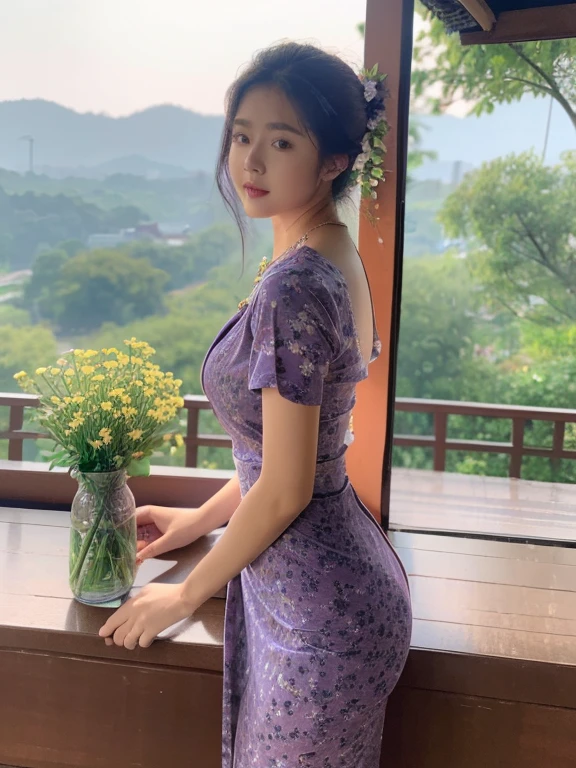 high-definition images, atmospheric perspective, 8k, super detail, accurate, best quality, angle from below, a woman, drooping eyes, sleepy face, blush,(floral purple dress),, necklace, standing portraits ,day scene, pagoda view, hair up, acmm's outfit, black acmm's top , black printed acmm's skirt,