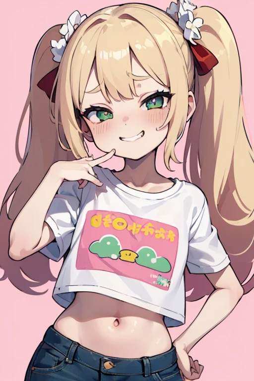 1 girl, heart-shaped pupils, (blond hair), (green eyes), (blush:1.1), Upper body, trembling, Sweat, Sweatdrop, heart, (speed line:1.1), ((Flat milk)), ((heavy breathing:1.3)), like, heart, bratty, mesugaki expresion, brat, ta, Happy, smile,Yandere, long hair, (pigtails), ((LOLI(red bows on hair), ((((white crop top t-shirt)))), (short denim shorts), denim shorts, simple pink background, smile, midriff, ((mesugake expression at lens)), ((white crop top t-shirt)), oversized t-shirt, (midriff), ((pink background)), ((seductive pose)), (one arm on hip), (((laughing))), (((young))), (((loli)))