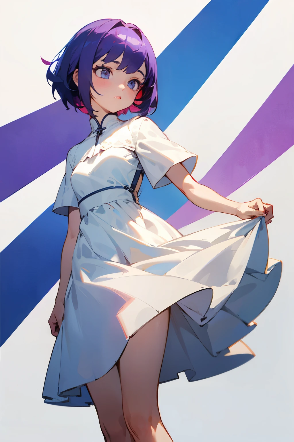 A girl with short purple hair wearing a white dress, Plain background, Ultra HD, 8k