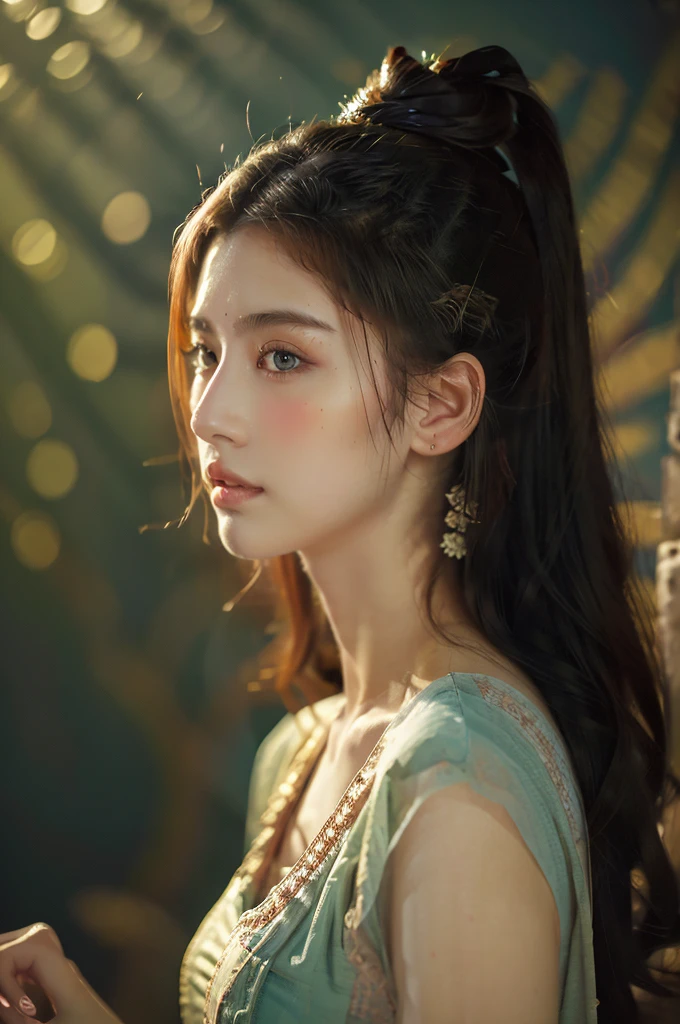 ( masterpiece, top quality, best quality,8k, girl,ultra detailed,raw photo:1.5),(photorealistic:1.4),(cinematic lighting), PerfectNwsjMajic, , Surrealism, UHD, ccurate, Super detail, textured skin, High detail, Best quality, dynamic angle, (high nose,White skin),[Beautiful blue eyes],(1girl),(good anatomy:0.5)), dunhuang_style, Dreamy atmosphere,expressive brush strokes, mystical ambiance, Artistic interpretation, a whimsical illustration, Subtle colors and tones, straight face,middle part,long straight hair 