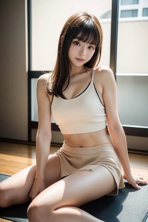 1 girl,(cute:1.2), 20 years old in Japan, snap, Perfect body, highest quality:1.2, 16K, (Realistic:1.3), Depth of written boundary, Portrait, Detailed face, smile:1.1, Eye reflection, Raw photo, beautiful girl, (top less, mini skirt), (in front physical education sitting), (Open Leg: 1.5), Delicate legs, (Show your panties to the viewers), (Beige panties), short bob liner bangs, Natural Makeup,