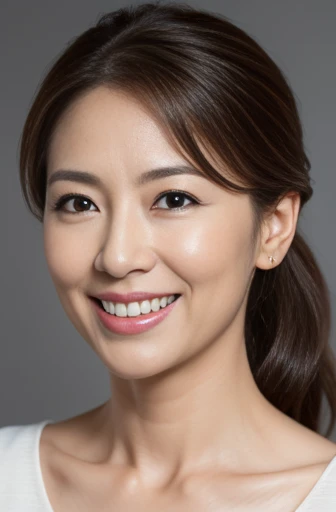 Masseter Film, highest quality, masterpiece, High resolution, realism, Original photo, 8k wallpaper, perfection, Professional Lighting, Very detailed, Written boundary depth, ((Beautiful woman)), ((sexy 45 year old woman)),,  ((A kind smile)), Detailed face, Beautiful Eyes,, bangs, A photo of your face, (sexy look), Brown Hair, (Thick lips), Looking down at the viewer,Long Hair,ponytail
