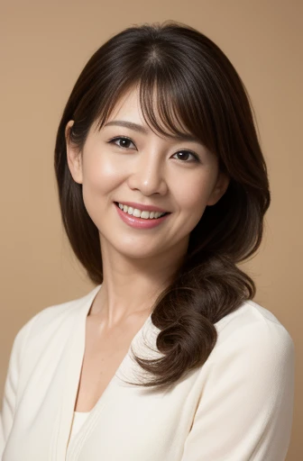 Masseter Film, highest quality, masterpiece, High resolution, realism, Original photo, 8k wallpaper, perfection, Professional Lighting, Very detailed, Written boundary depth, ((Beautiful woman)), ((sexy 45 year old woman)),, ((A kind smile)), Detailed face, Beautiful Eyes,, bangs, A photo of your face, (sexy look), Brown Hair, (Thick lips), Looking down at the viewer,Long Hair,ponytail
