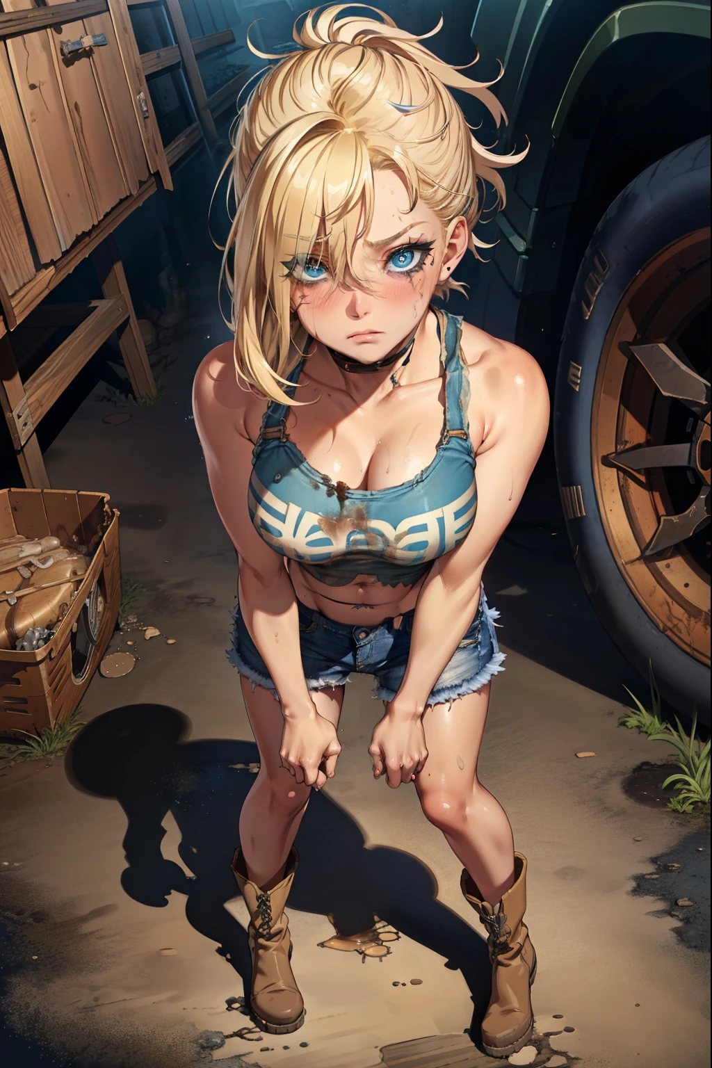 blue eyes, blonde hair, ruined makeup, (extremely detailed CG unity 4k wallpaper),(masterpiece),(best quality),(ultra-detailed),(best illustration),(best shadow),(absurdres),(detailed background), Trailer park trash, Short blonde hair (very Messy), Croptop tank top (filthy), denim short skirt (filthy), Cowgirl boots, Sad expression, Dirty girl, standing, poor,