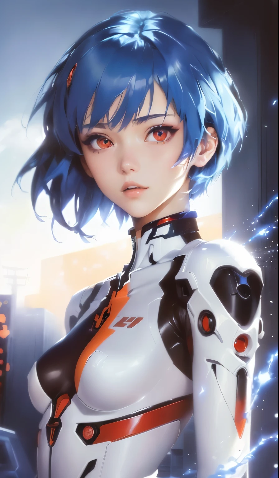 (best quality, masterpiece, colorful, dynamic angle, highest detailed)(Rei Ayanami), upper body photo, fashion photography of flirting blue bobbed hair girl (Rei Ayanami), detailed red eyes, dressing high detailed Evangelion white suit (high resolution textures), in dynamic pose, bokeh, (intricate details, hyperdetailed:1.15), detailed, sunlight passing through hair, colorful splash art background, (high contrast, Evangelion official art, extreme detailed, highest detailed),