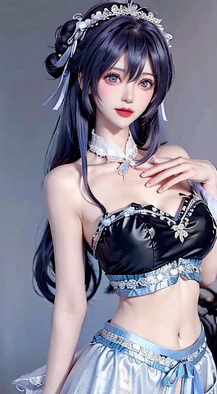 Bust photo, a beautiful woman, messy hair, girly, symmetrical bun, hair accessories, jewelry, delicate face, eye shadow, purple top, purple, purple, crop navel, purple long skirt, Dunhuang style, delicate embroidery, silver decoration, silver streamer, white streamer, light blue streamer, delicate skin, soft light effect, delicate and smooth hair, delicate details, eye highlights, fair skin, fine portrayal, extreme details, cinematic quality, thin, slender, broken, hair details, thin bangs, shawl hair, right body, shadow, air bangs, 8K, super fine, fine fabric texture, soft, supple, smooth texture, Dunhuang style, delicate pattern, correct hand painting, anatomical correct, accurate, night, dark night, lighting, Tyndall effect, ray tracing, HUD, outdoor, outdoor, desert