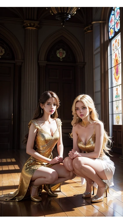 Tabletop,
High definition,
Accurate depiction,
High resolution,
RAW Photos,
Photorealistic,
2 women,
One of them has his hips raised high and the other is squatting.,
Full Body Shot,
Beautifully detailed face,
Beautiful Eyes,
Beautiful Lips,
Blonde,
Different lengths and hairstyles,
Both have brown skin,
Gold top and bottom,
Transparent dress,
 Perfect body,
Anatomically correct,
Tierra,
Tabletop,
Fantastic gentle light,
Large stained glass windows,
royal palace,
gorgeous design,
high quality,
Looking at the camera、Kneel,
The lighting is dim except for them.