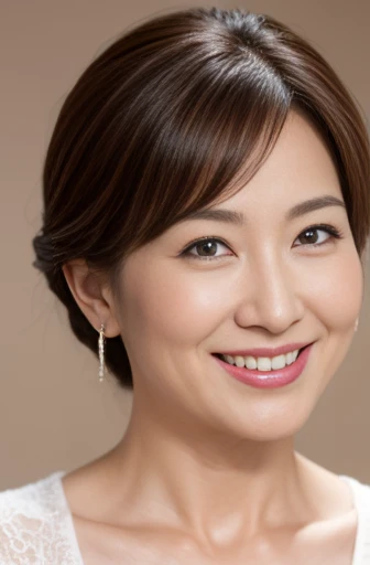 Masseter Film, highest quality, masterpiece, High resolution, realism, Original photo, 8k wallpaper, perfection, Professional Lighting, Very detailed, Written boundary depth, ((Beautiful woman)), ((Sexy 47 year old woman)),, ((A kind smile)), Detailed face, Beautiful Eyes,, bangs, A photo of your face, (sexy look), Brown Hair, (Thick lips), Looking down at the viewer,Glamorous hairstyle