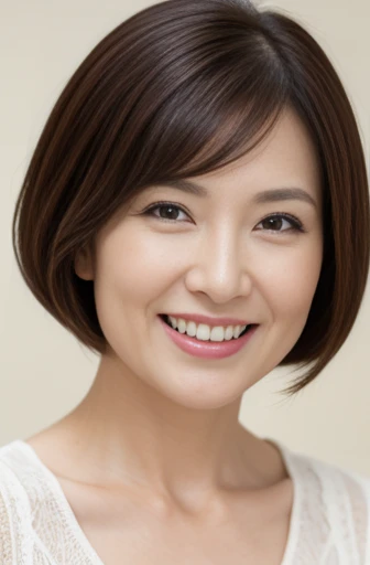 Masseter Film, highest quality, masterpiece, High resolution, realism, Original photo, 8k wallpaper, perfection, Professional Lighting, Very detailed, Written boundary depth, ((Beautiful woman)), ((Sexy 47 year old woman)),,  ((A kind smile)), Detailed face, Beautiful Eyes,, bangs, A photo of your face, (sexy look), Brown Hair, (Thick lips), Looking down at the viewer,Glamorous hairstyle