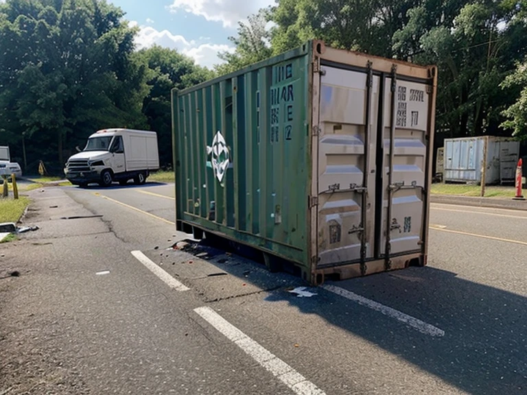 Small delivery vehicle,There was an accident and overturned,The shipping container area has a biohazard symbol,There was a chemical leak from the car,There is a town near the road where the incident occurred,masterpiece,highquality