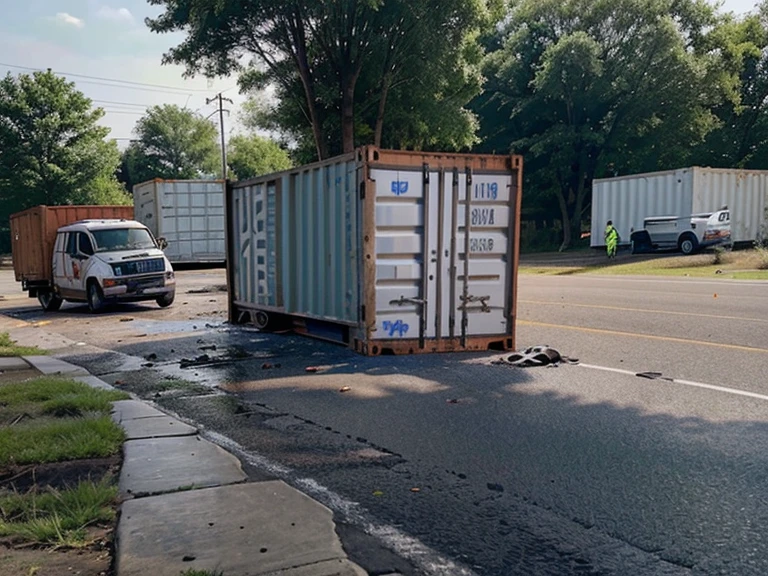 Small delivery vehicle,There was an accident and overturned,The shipping container area has a biohazard symbol,There was a chemical leak from the car,There is a town near the road where the incident occurred,masterpiece,highquality