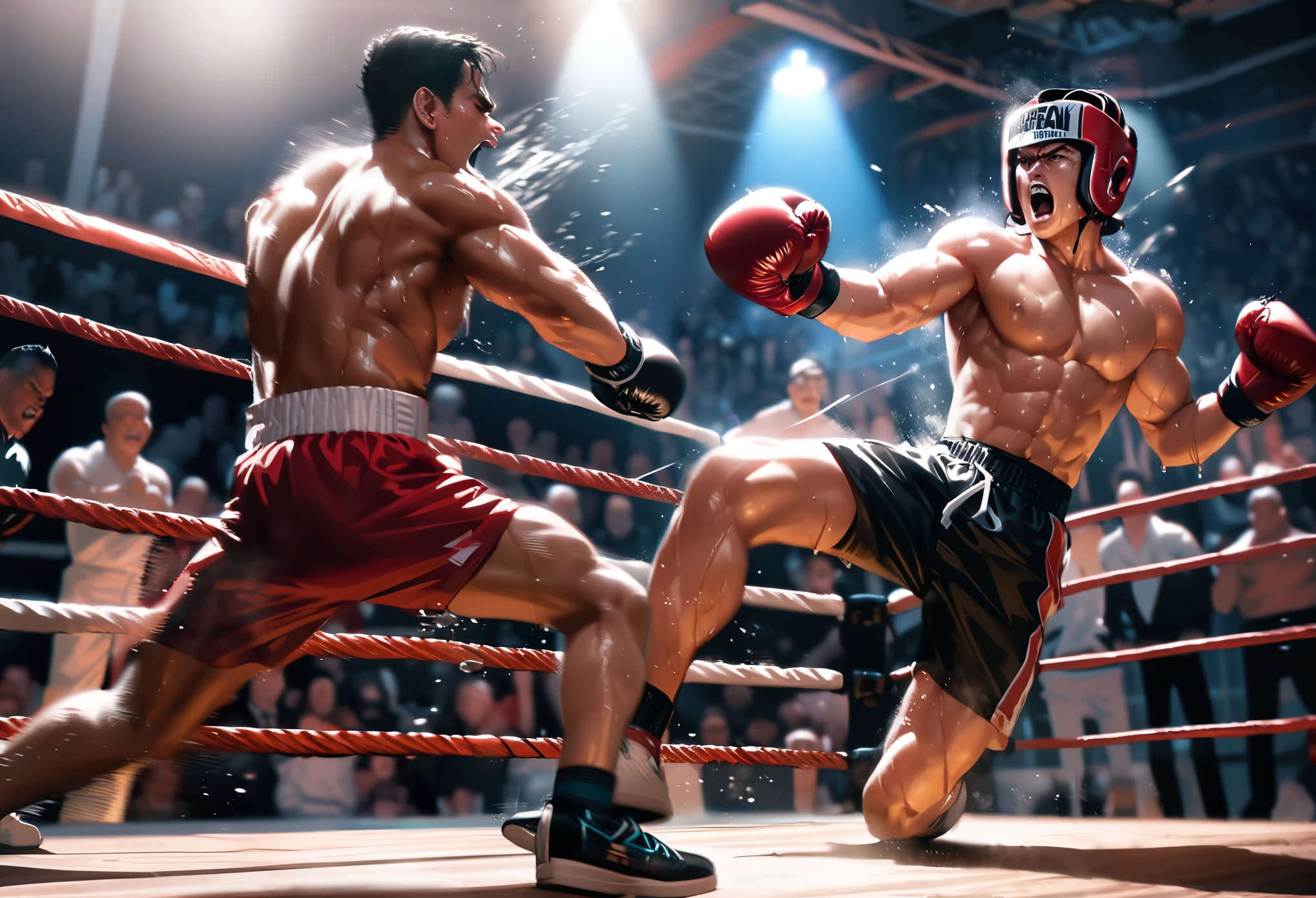 (a thrilling boxing match),
(best quality, highres, realistic:1.37), intense action, (dramatic, dynamic:1.1) lighting, (sweat, blood:1.1), (powerful, well-toned) boxers, (strong punches:1.1), (fast footwork:1.1), (tense atmosphere:1.1), (roaring, enthusiastic:1.1) crowd, (boxing ring, ropes:1.1), (protective headgear, boxing gloves), (rippling, muscular bodies), (focused, determined:1.1) expressions, (loud, pounding:1.1) music, (vibrant, energetic:1.1) colors, (slow motion shots:1.1), (knockout punch:1.1), (sweaty bodies:1.1), (adrenaline rush:1.1), (referee:0.9), (cornerman, coach:0.9), (spectators, audience:0.9), (boxing championship), (bell rings:0.9), (action-packed:1.1)