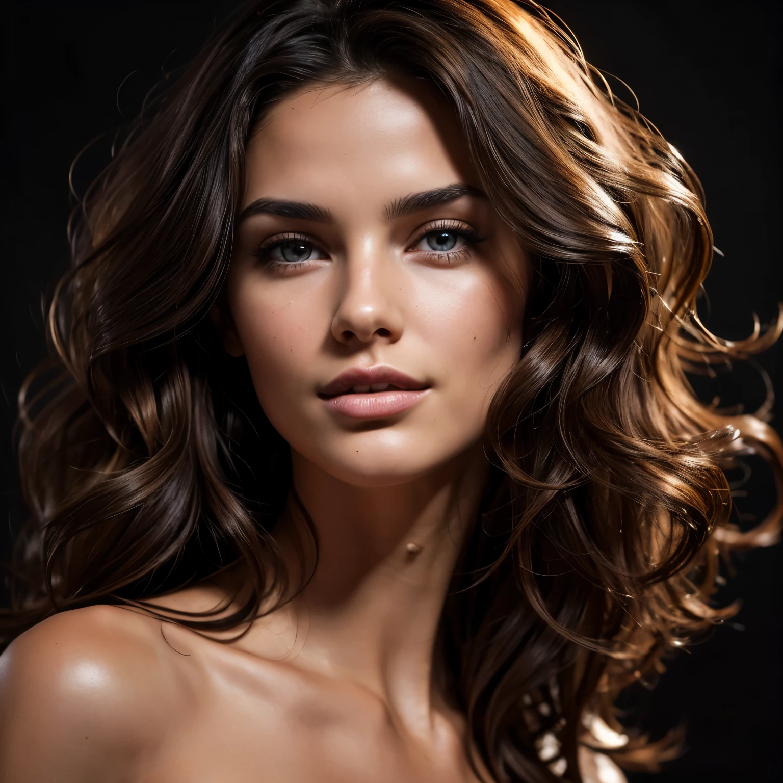 (wavy brunette perfect body Supermodel), (medium hair length), nude, portrait, pose with a smirk, feminine fit detailed body and face and skin pores, highly detailed expressive, all black background, space above head, depth of field, skin details, ultra realistic, cinematic