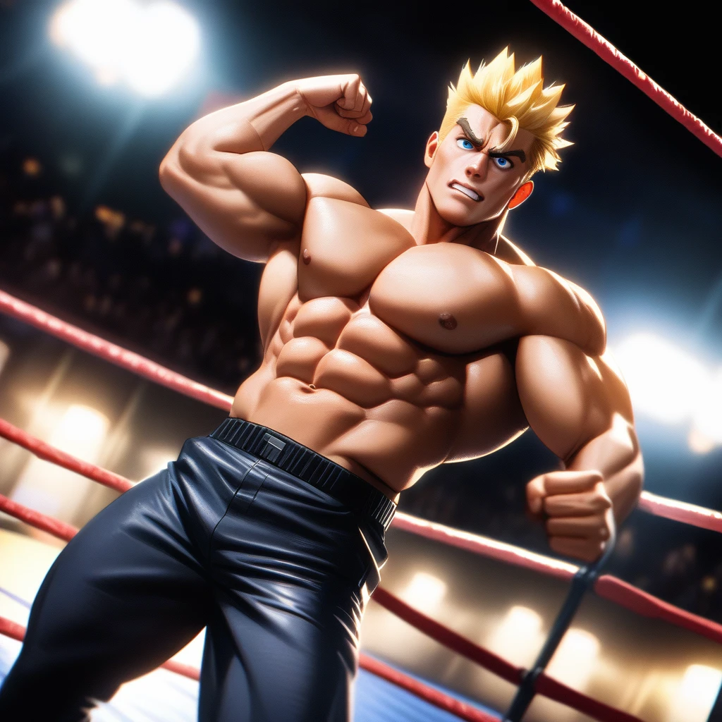 1guy, heavy weight muscular, black wrestling-brief, solo, topless, blonde, hollywood action, fighting posing, masculine handsome guy, tsurime, sanpaku, blue eyes, spiked hair, nipples, abs, male high ratio body proportions, dramatic expression, dutch angle, on wrestling ring, thick waist, 1990s, [[[[[cinematic shadows, cinematic lighting, lens flare, light leaks]]]]], VHS Quality
