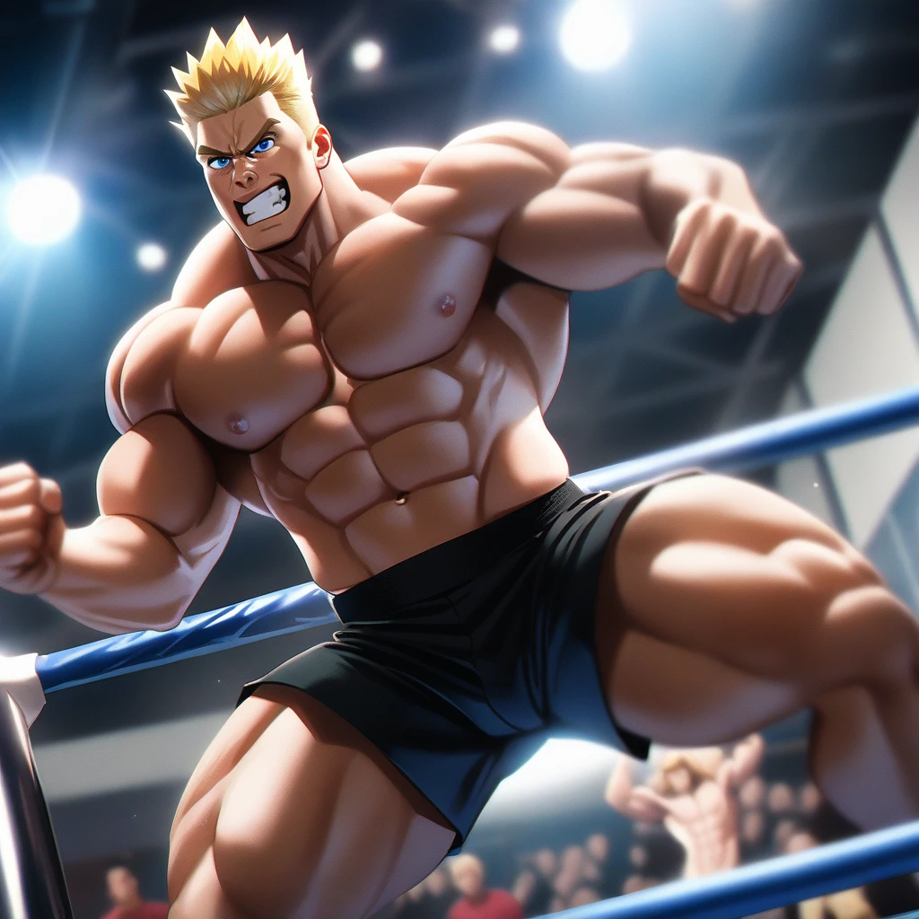 1guy, heavy weight muscular, black wrestling-brief, solo, topless, blonde, hollywood action, fighting posing, masculine handsome guy, tsurime, sanpaku, blue eyes, spiked hair, nipples, abs, male high ratio body proportions, dramatic expression, dutch angle, on wrestling ring, thick waist, 1990s, [[[[[cinematic shadows, cinematic lighting, lens flare, light leaks]]]]], VHS Quality