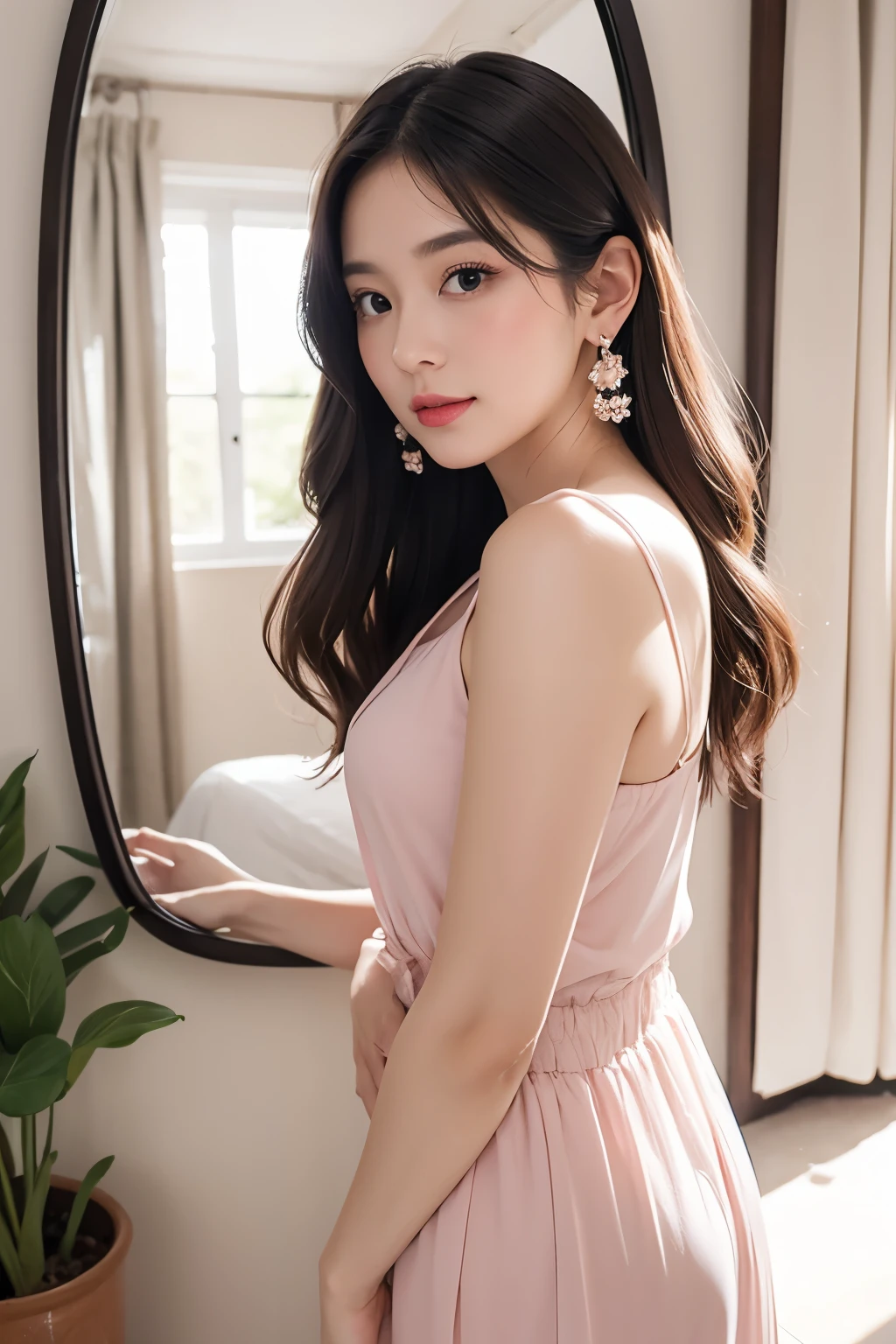Wearing a pastel-colored dress perfect for the spring season、A beautiful woman in her twenties happily looking at herself in a hand mirror in her cute home room。Her hair is lightly curled, and she has beautiful earrings and pastel pink nails.