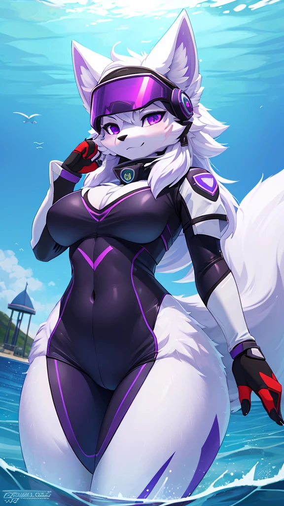 ((best quality, Masterpiece, perfect anatomy, Detailed pictures)), 1 female, arctic protogen, arctic wolf, Long visor, purple visor, purple eyes, sexy body, Big Pong, Future military clothing, fluffy tail, red red, shy, in the sea, front view